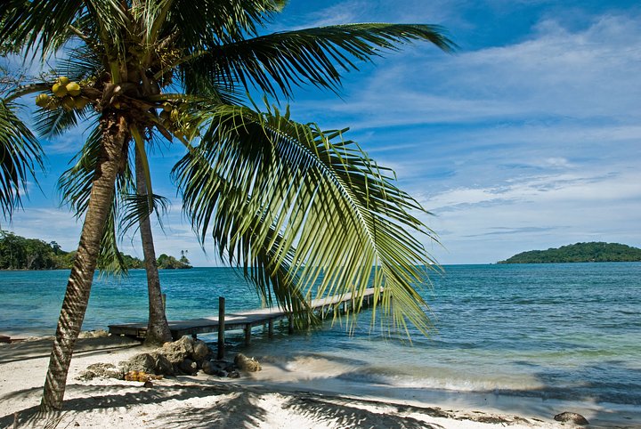 palm trees and white sand beaches looking over the tropical island of bocas del toro panama language