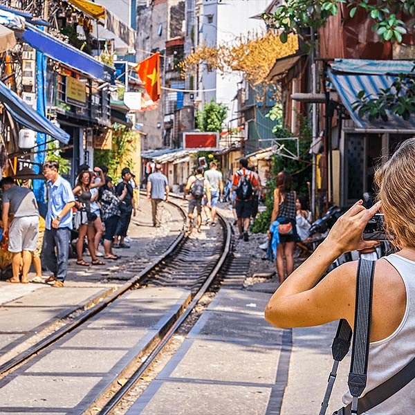 Female solo traveller exploring Hanoi Vietnam
