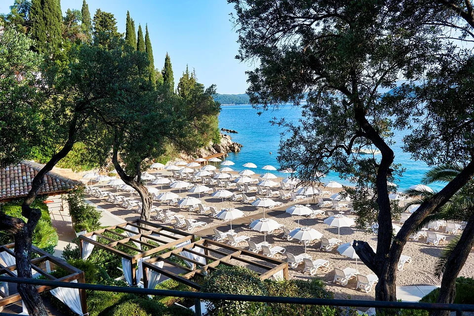 The private beach and gazebos at the resort on Lopud