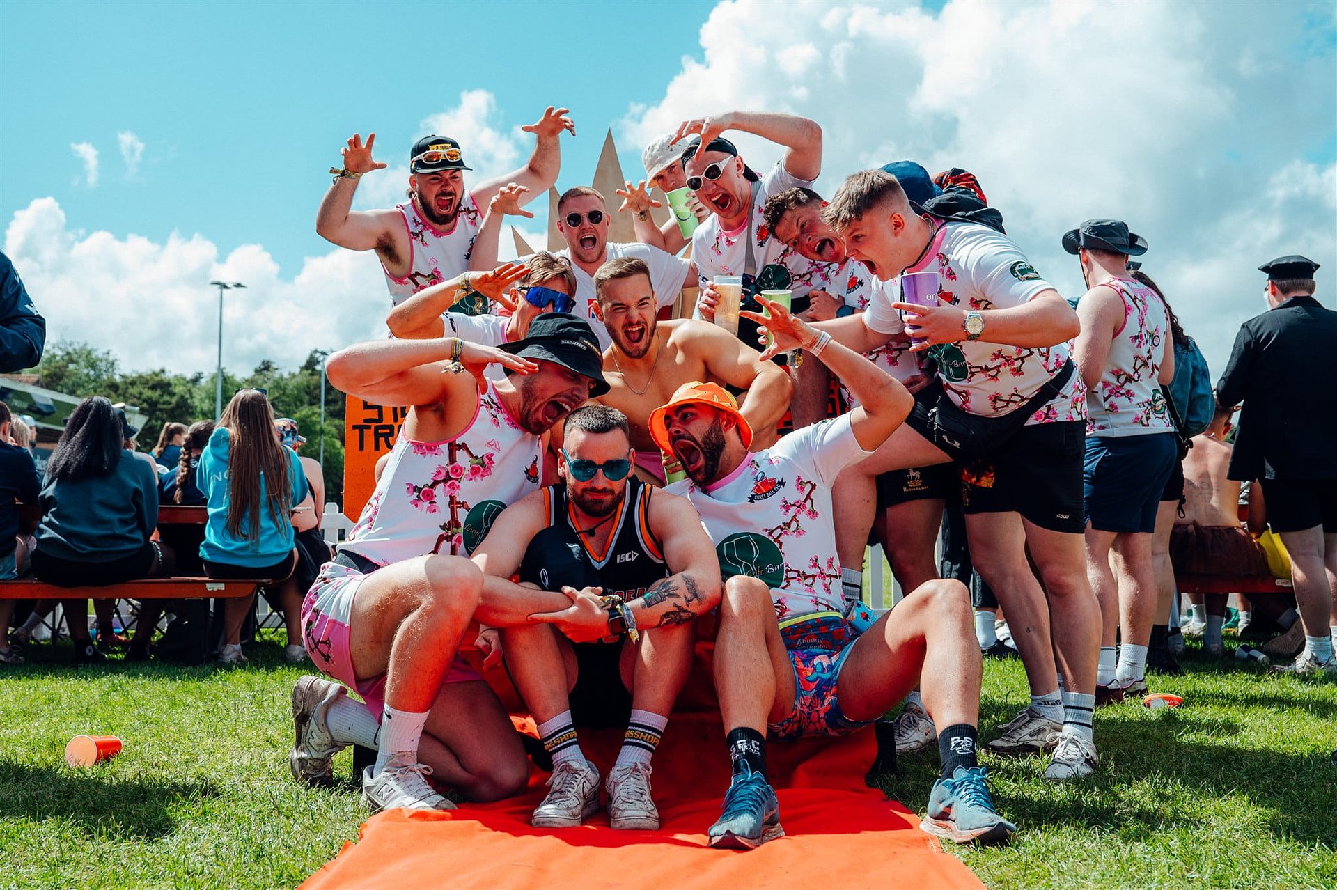 Group of men team pose for the camera at Bournemouth 7s Festival, in Dorset