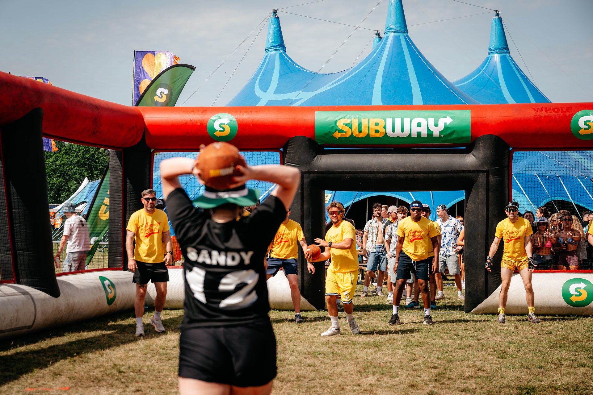 Dodgeball tournament within an inflatable arena sponsored by Subway at Bournemouth 7s Festival, in Dorset