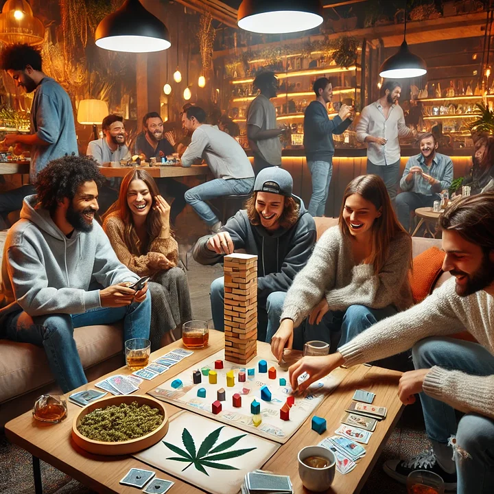 DALLE2025031614.40.55Alivelyindoorcannabisfriendlygamenightwithpeopleenjoyingcannabisandplayinginteractivegames.Thesettingincludesgroupsengaginginvari