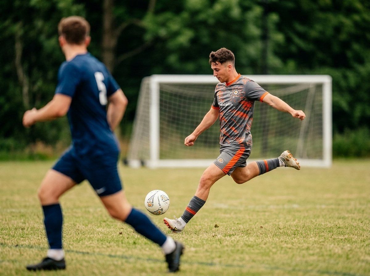 Men's university football player strikes the ball at Bournemouth 7s Festival, in Dorset England