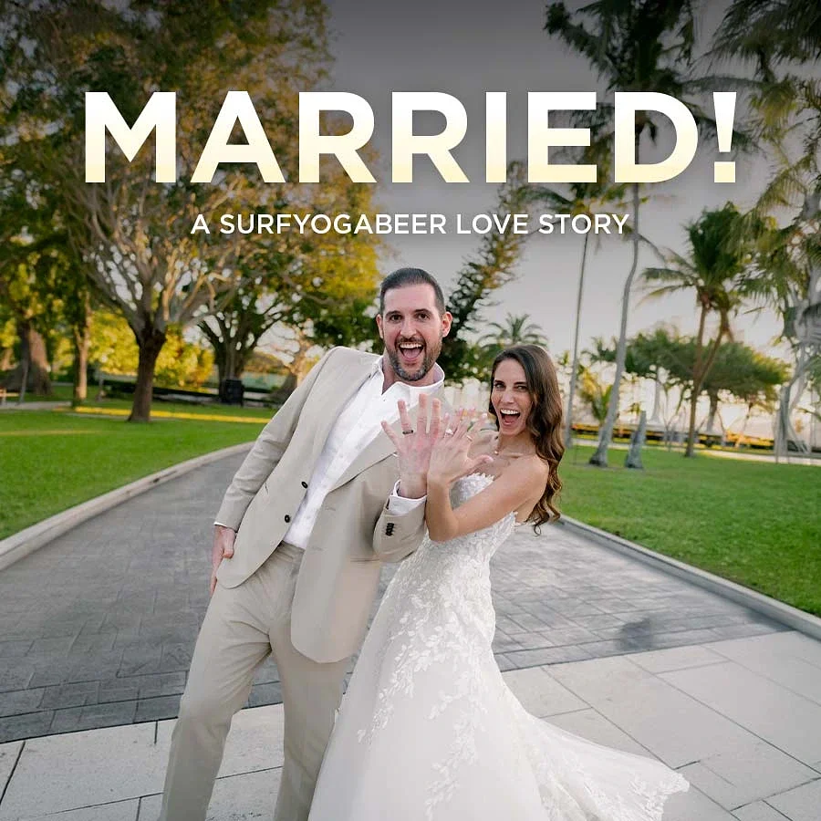 Beth and Duncan, who met on a SurfYogaBeer trip in Nicaragua, on their wedding day