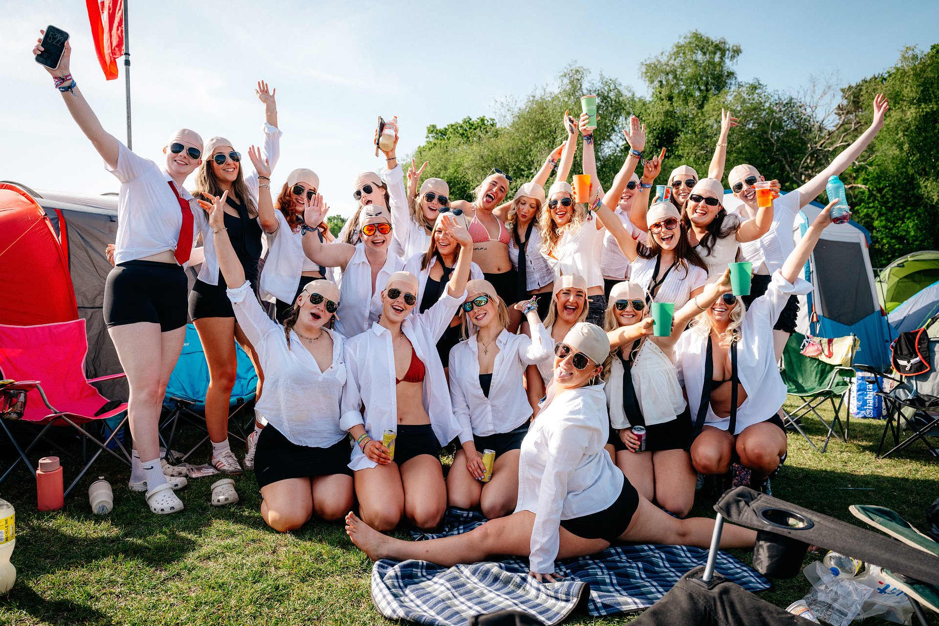 Large group of girls dance squad in the campsite of Bournemouth 7s Festival, in Dorset.